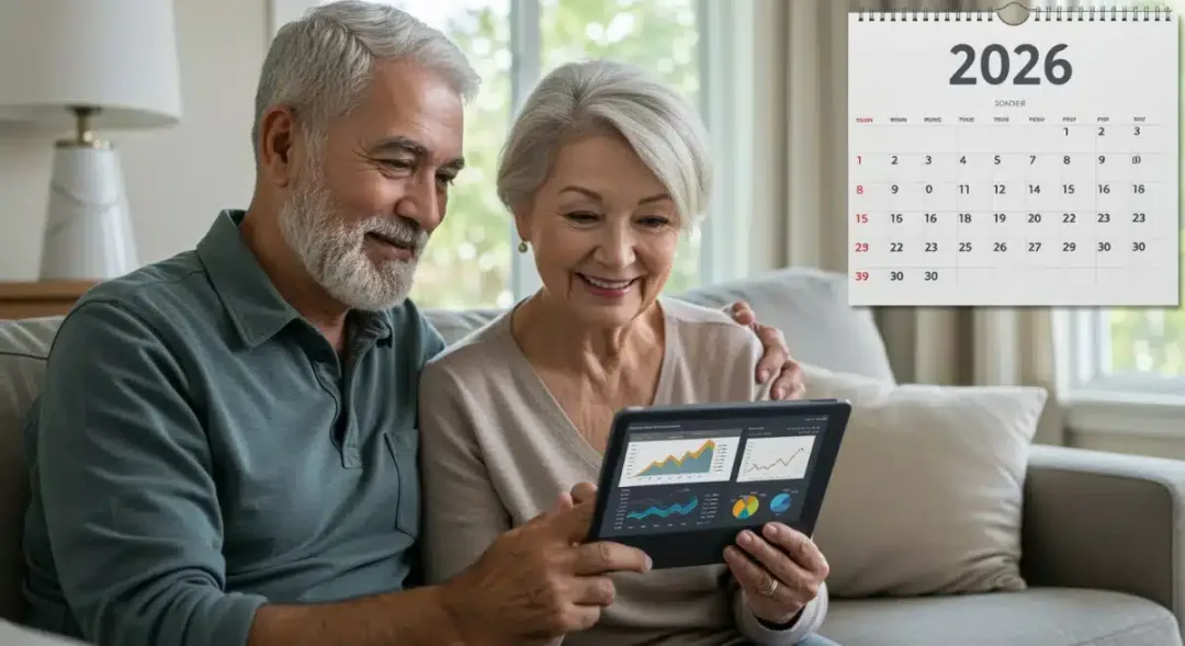 Smiling seniors reviewing financial data on a tablet for 2026 Social Security benefits