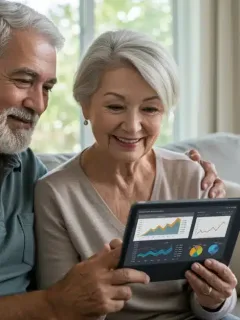 Smiling seniors reviewing financial data on a tablet for 2026 Social Security benefits