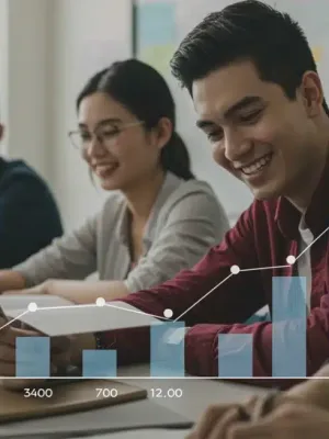Students engaged in a dual enrollment class with a superimposed financial chart indicating tuition savings.