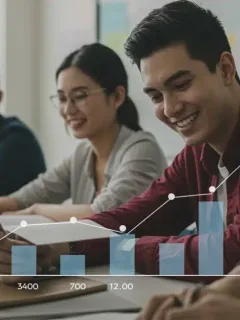 Students engaged in a dual enrollment class with a superimposed financial chart indicating tuition savings.