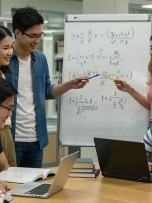 Students collaborating on a STEM project in a modern university library, symbolizing academic success and scholarship pursuit.