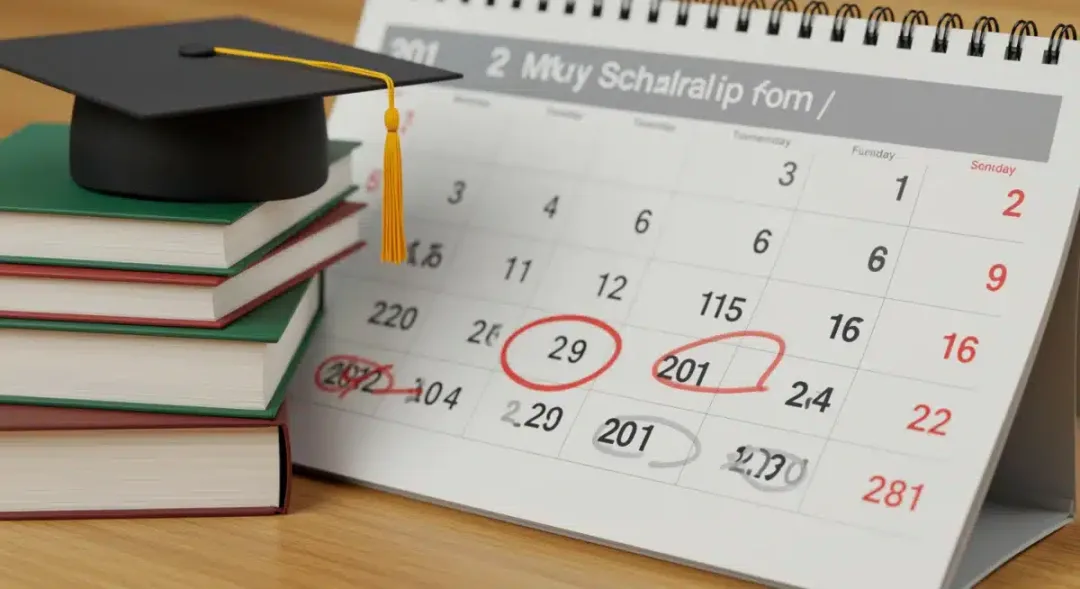 Calendar highlighting 2026 merit scholarship deadlines amidst academic symbols