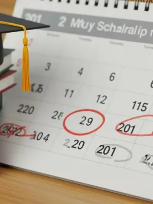 Calendar highlighting 2026 merit scholarship deadlines amidst academic symbols