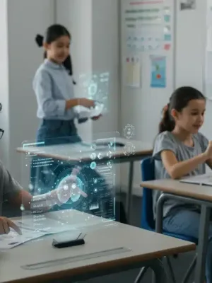 Students learning with AI in a futuristic K-12 classroom