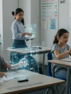 Students learning with AI in a futuristic K-12 classroom