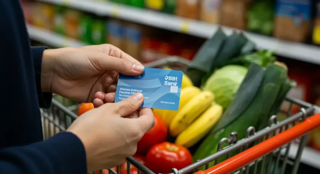 EBT card in use at a grocery store, showing essential food purchases.