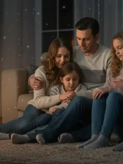 Family staying warm indoors during winter with energy assistance