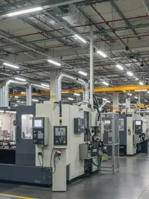 Modern factory floor with advanced machinery operating, symbolizing robust US manufacturing output growth.