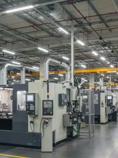 Modern factory floor with advanced machinery operating, symbolizing robust US manufacturing output growth.