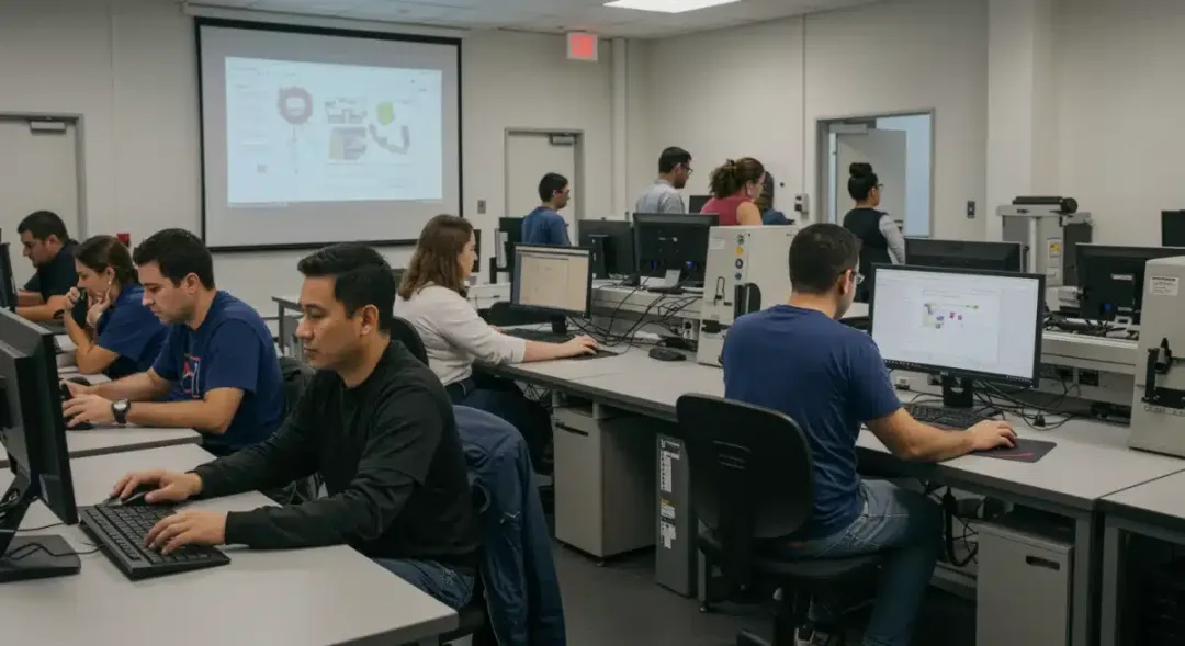 Adults participating in a federal workforce training program, learning new skills in a collaborative environment.