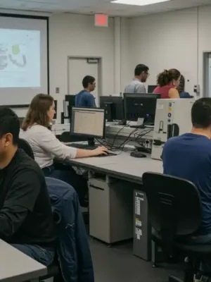 Adults participating in a federal workforce training program, learning new skills in a collaborative environment.