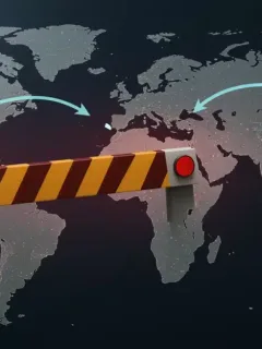 Global trade map with digital tariff barrier and 'April 1, 2026' date, symbolizing new import tariffs.