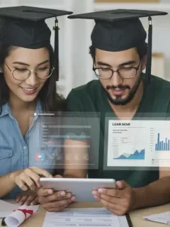Students reviewing student loan documents and financial projections on a tablet