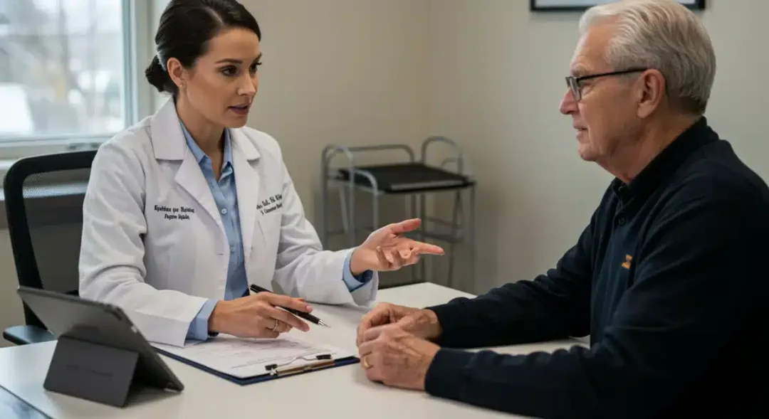 Healthcare professional explaining new VA healthcare options to a veteran