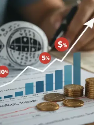 Financial graph showing rising interest rates with mortgage papers and savings account symbols.