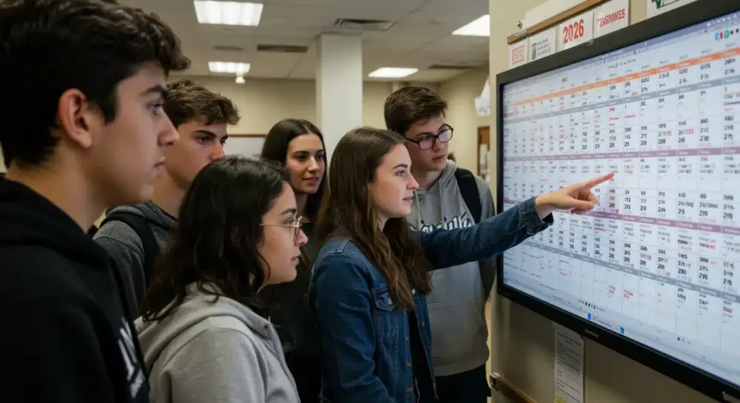 High school seniors reviewing 2026 US college application deadlines on a large screen.