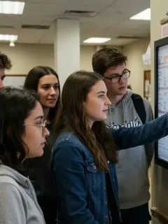 High school seniors reviewing 2026 US college application deadlines on a large screen.