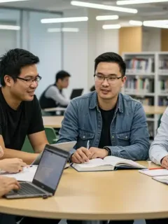 Students and mentors collaborating in a modern university library, symbolizing academic guidance.