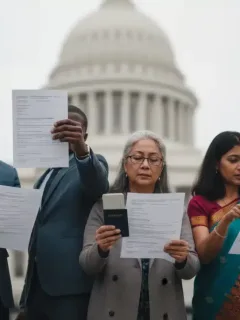Diverse individuals reviewing immigration documents, symbolizing upcoming policy changes.