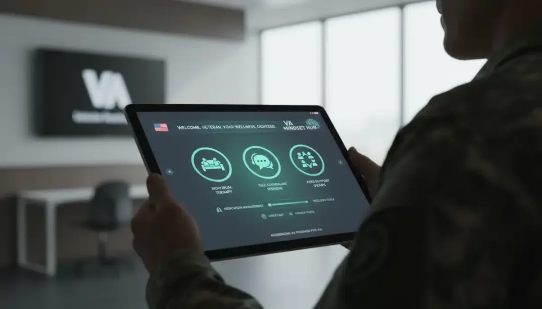 Digital platform showing telehealth and mental health resources for veterans