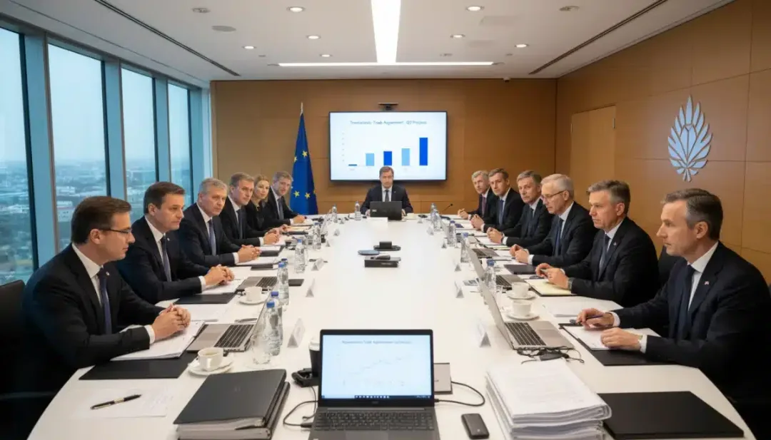 US and EU negotiators in a formal meeting discussing trade agreements.