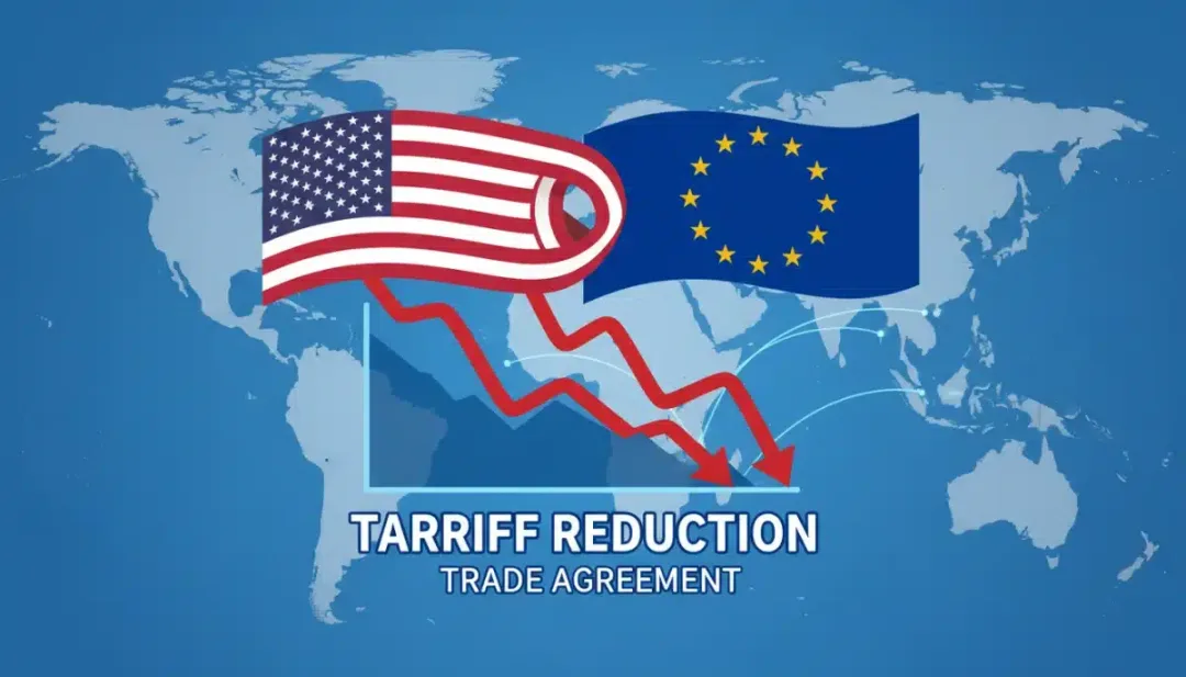 US and EU flags intertwined over economic charts, symbolizing trade deal and tariff reduction.