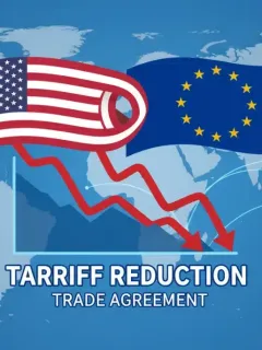 US and EU flags intertwined over economic charts, symbolizing trade deal and tariff reduction.