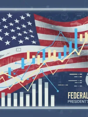 Stylized American flag with financial charts representing Federal Budget 2026 proposal