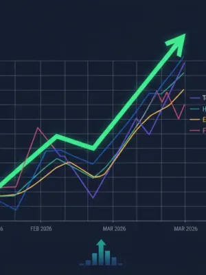Q1 2026 stock market performance chart with growth arrows