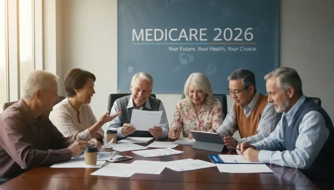 Seniors discussing Medicare benefits 2026 with clarity and optimism.
