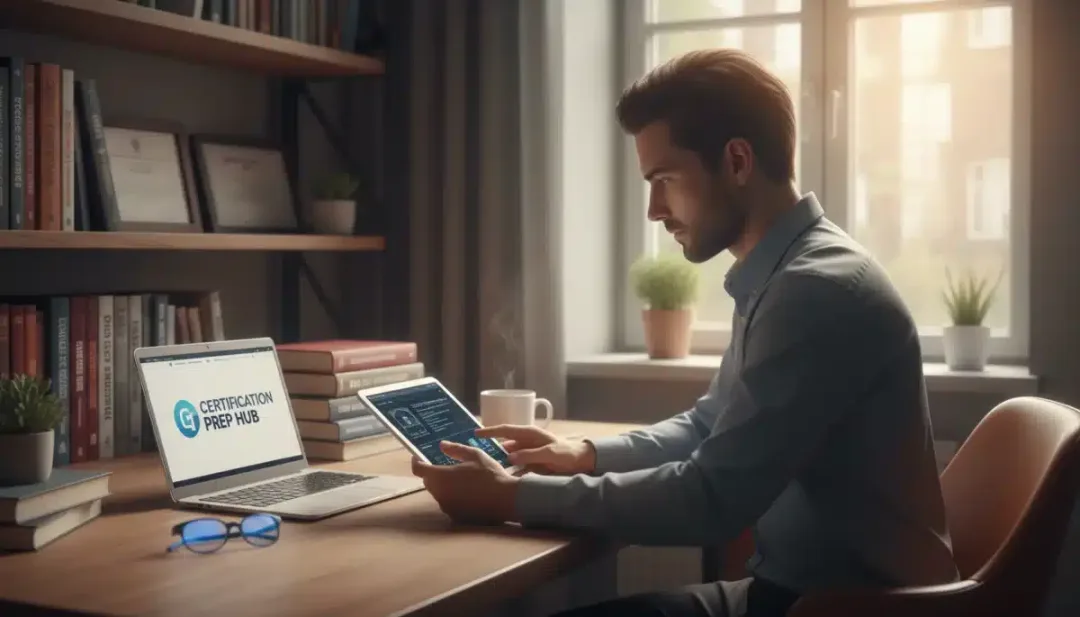 Individual studying for professional certifications in a home office setting