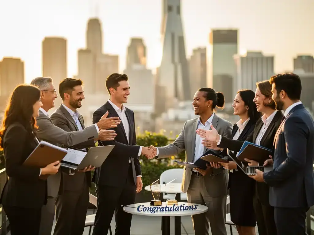Diverse individuals celebrating job success and economic opportunities