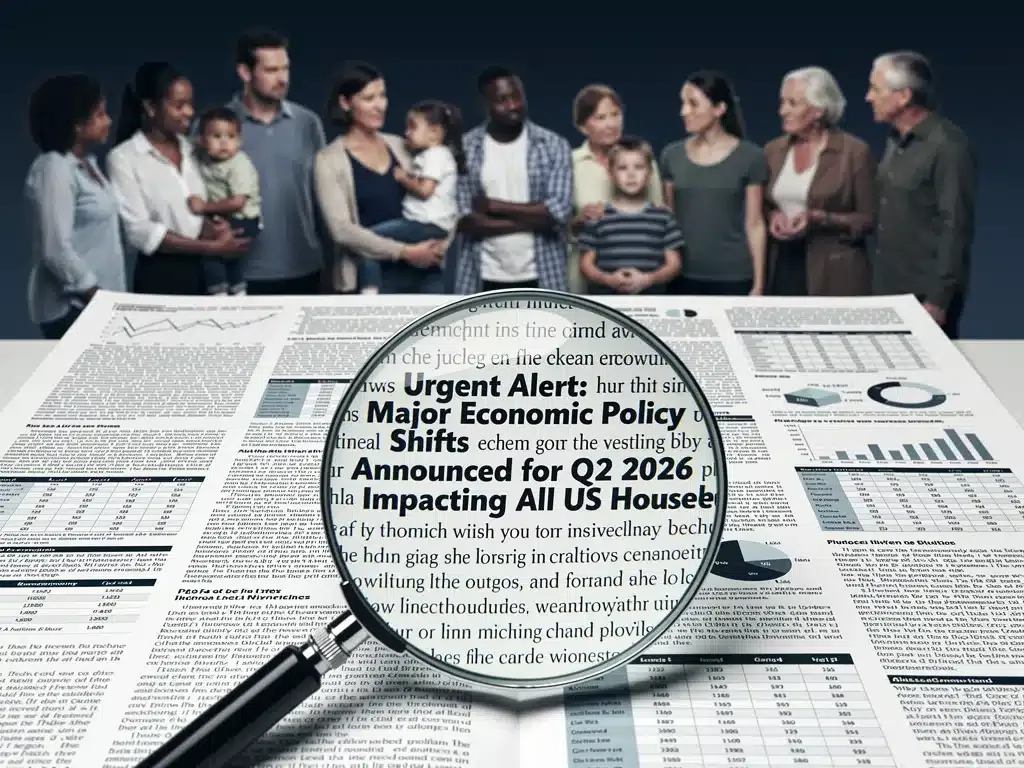 Detailed economic policy document with magnifying glass, symbolizing scrutiny and impact on US households.