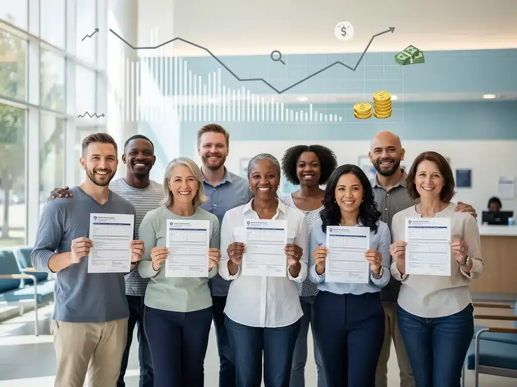 Diverse individuals celebrating reduced healthcare premiums under ACA 2026 subsidies.