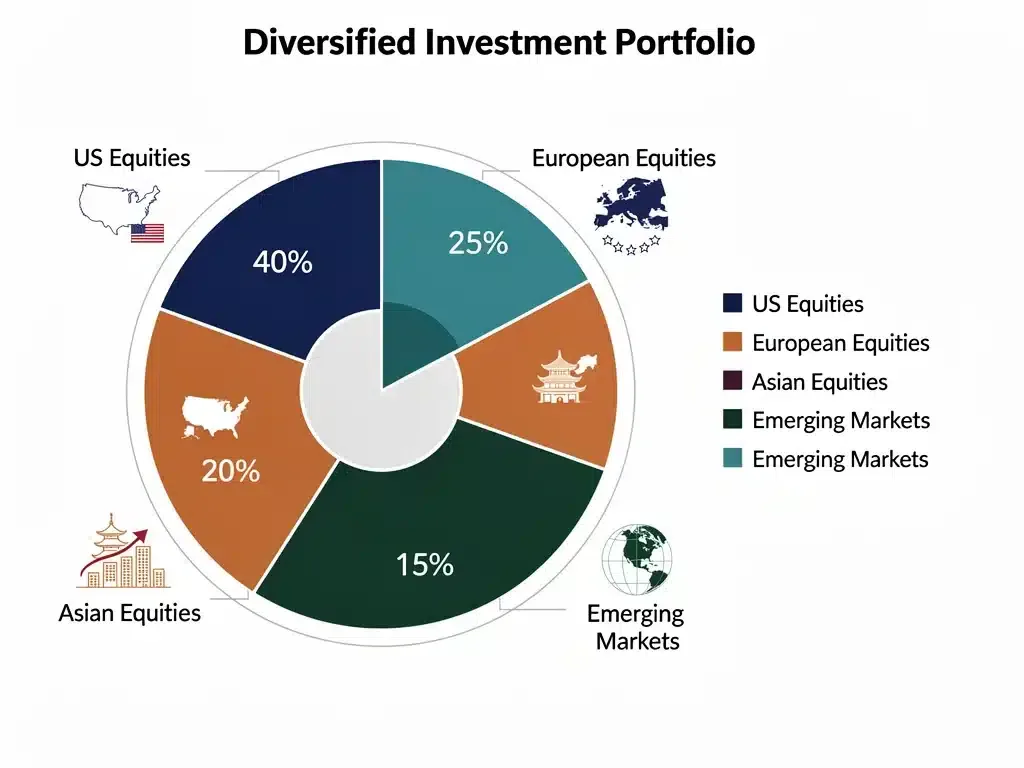 Infographic illustrating a diversified investment portfolio across various global regions, including US, Europe, Asia, and emerging markets.