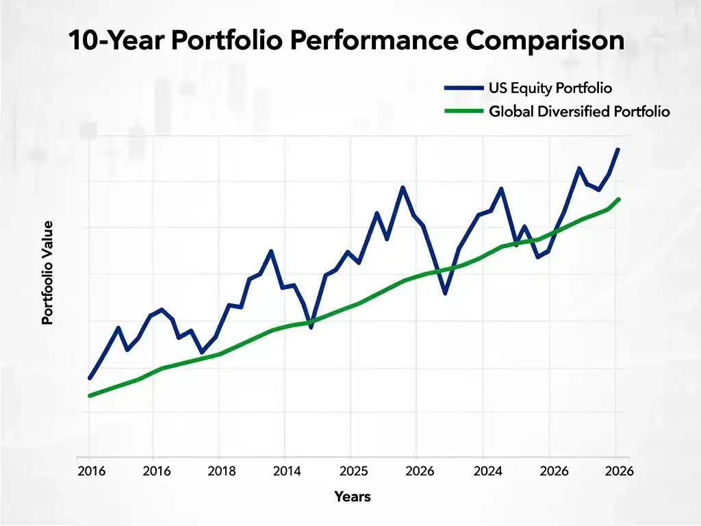 Comparison graph of US-only versus globally diversified portfolio performance, highlighting the benefits of international equities.