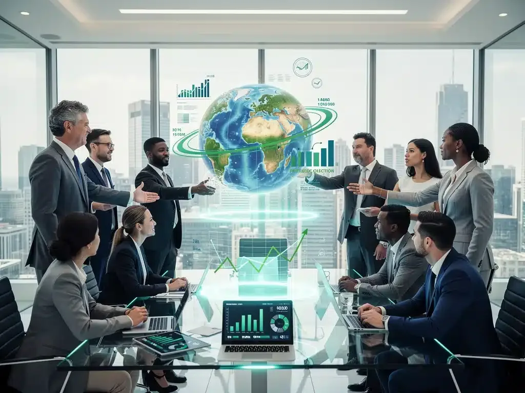 Global investors analyzing financial data on a holographic globe, symbolizing international equity diversification for portfolio growth.