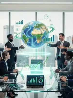 Global investors analyzing financial data on a holographic globe, symbolizing international equity diversification for portfolio growth.