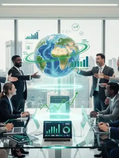 Global investors analyzing financial data on a holographic globe, symbolizing international equity diversification for portfolio growth.