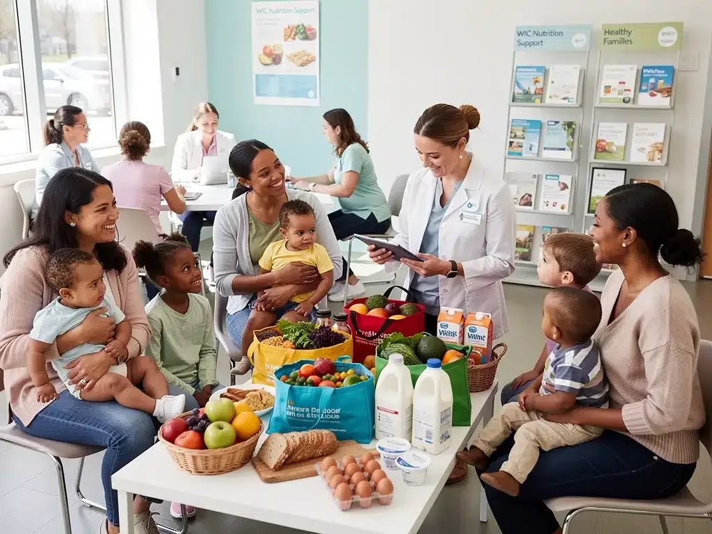 Smiling women and children receiving WIC benefits, representing health and community support.