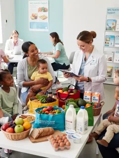 Smiling women and children receiving WIC benefits, representing health and community support.