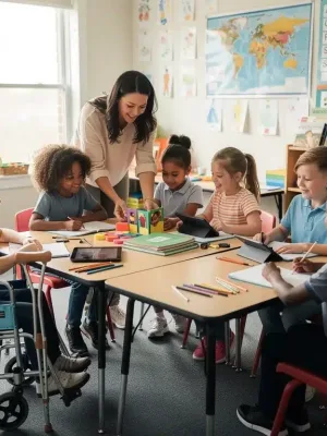 Diverse students in an inclusive classroom setting, receiving special education support.