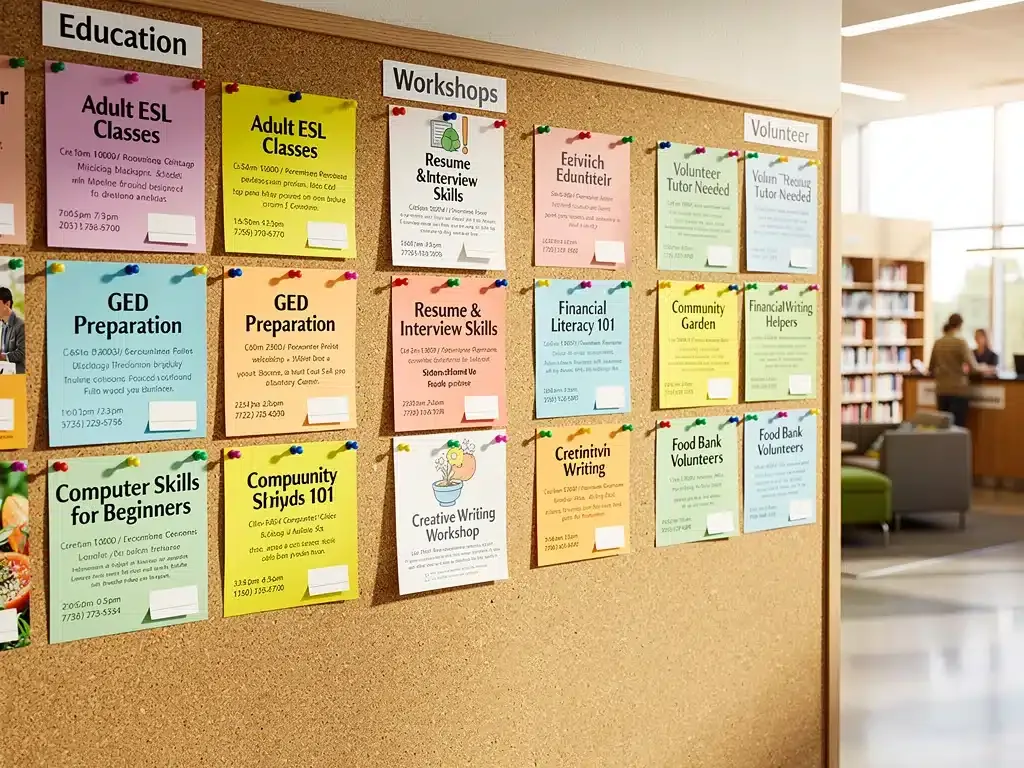 Community bulletin board with flyers for adult education and literacy programs.