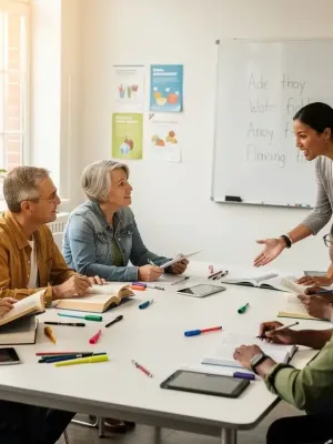 Adults learning together in a supportive literacy classroom setting.