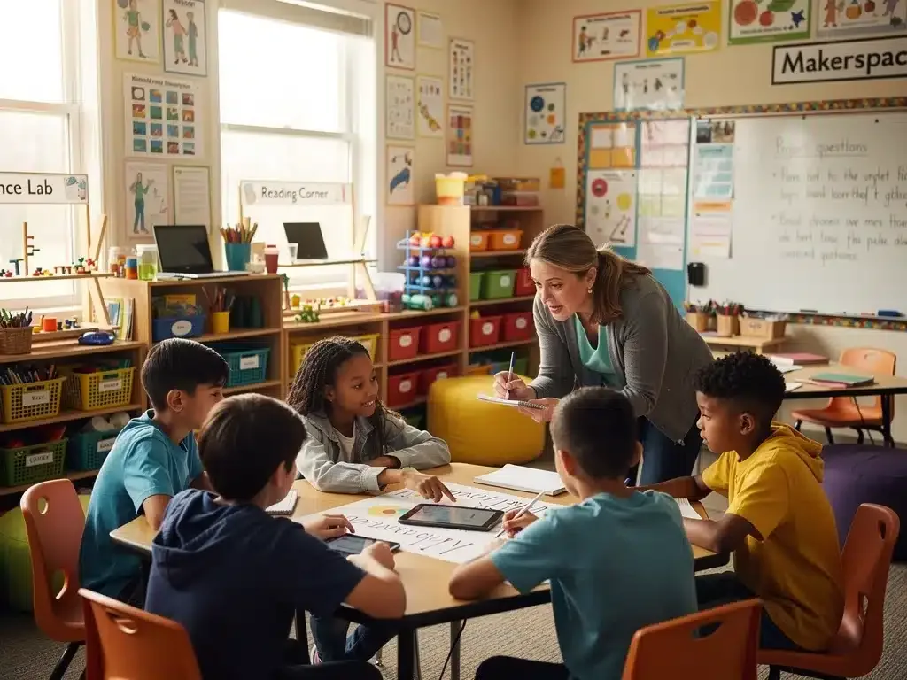 Educator guiding students through a project-based learning activity in a classroom.