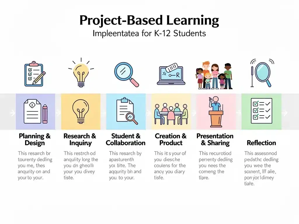 Infographic showing step-by-step implementation process for Project-Based Learning in K-12.