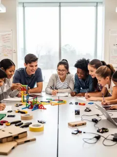 Diverse K-12 students engaged in collaborative project-based learning in a modern classroom.