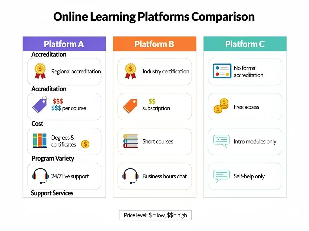 Infographic comparing key features of three top online degree platforms