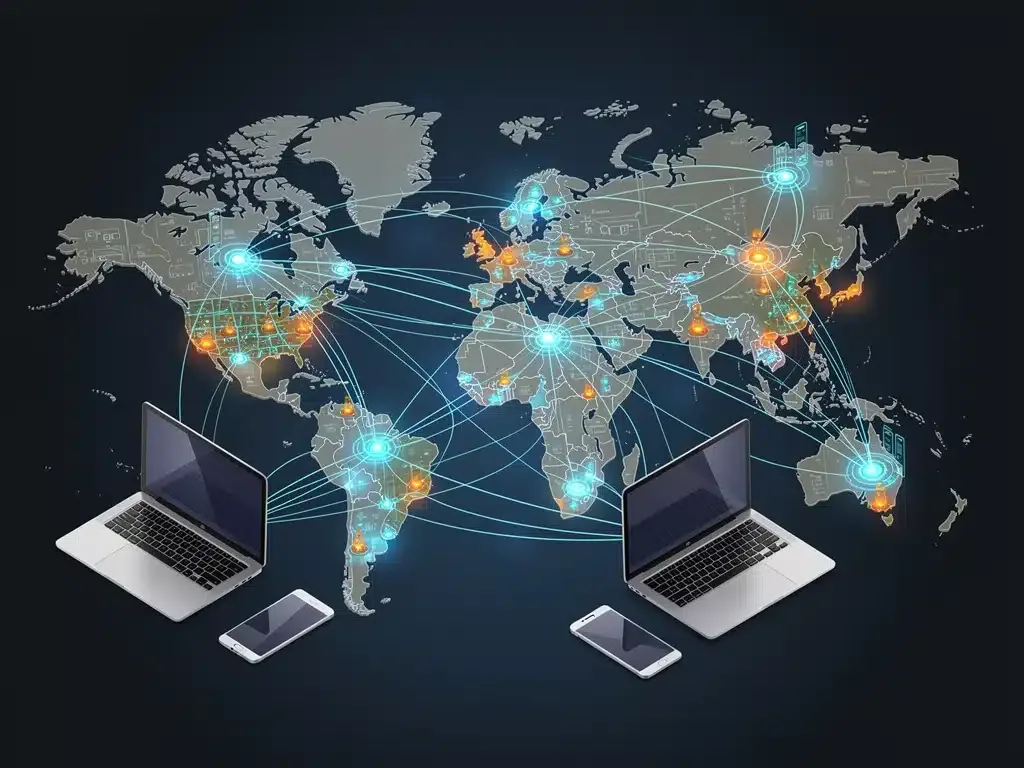 Interconnected digital devices representing internet infrastructure and connectivity.