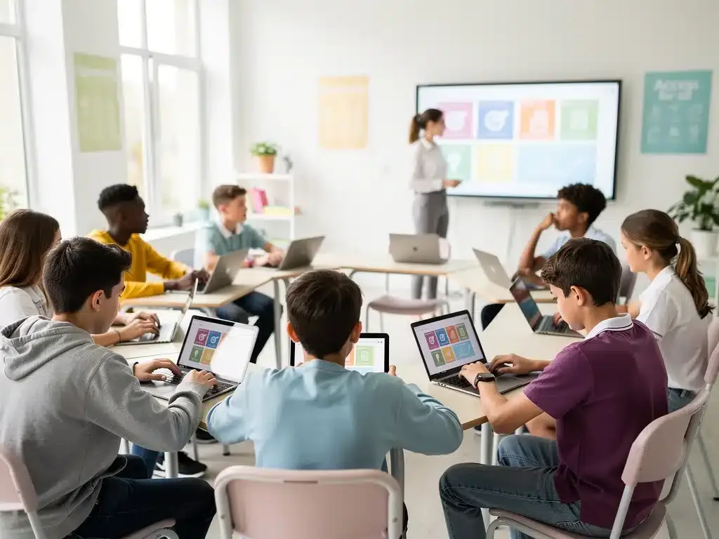 Students learning with technology in a modern classroom, symbolizing equitable access.